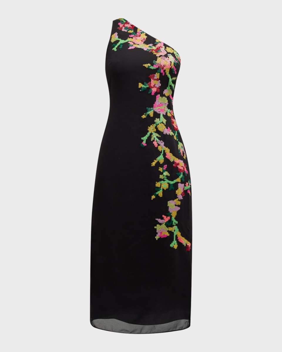 One-Shoulder Floral Sequin Midi Dress
